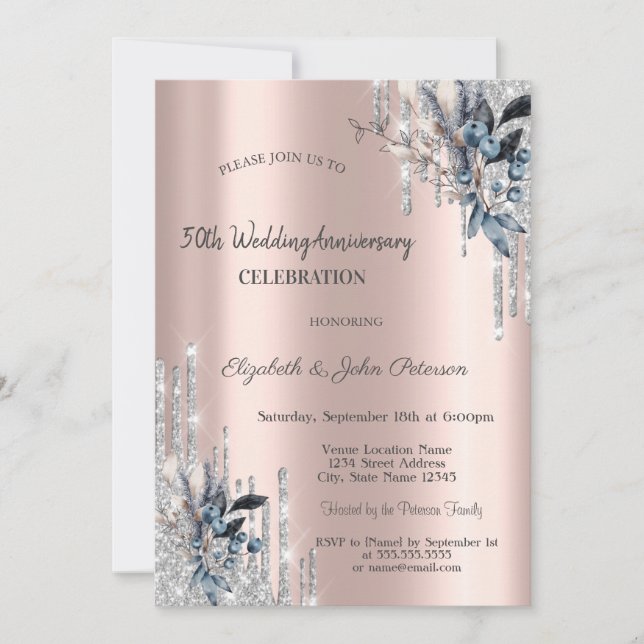 Silver Glitter Drips Winter Flowers Wedding  Invitation (Front)