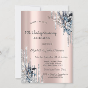 Silver Glitter Drips Winter Flowers Wedding  Invitation