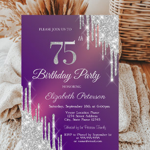 Silver Glitter Drips Your Photo 75th Birthday   Invitation