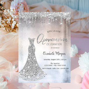 Silver Glitter Drops,Diamonds Dress Quinceanera Invitation