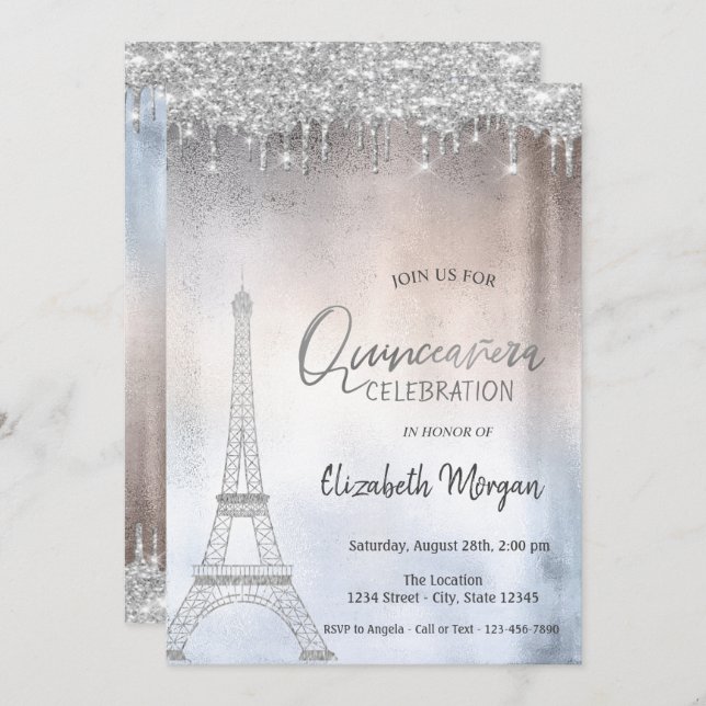 Silver Glitter Drops Eiffel Tower  Quinceanera Invitation (Front/Back)
