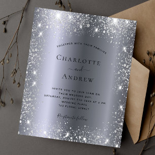 Silver glitter dust budget wedding invitation flyer