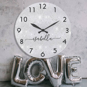 Silver glitter dust metal name script large clock
