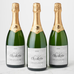 Silver glitter dust monogram initials name  sparkling wine label