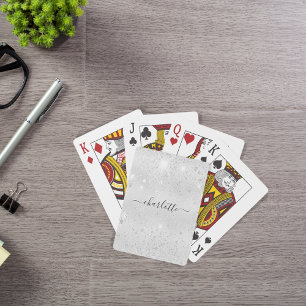 Silver glitter dust monogram script playing cards