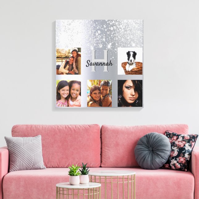 Silver glitter dust photo collage monogram canvas print (Insitu(LivingRoom))
