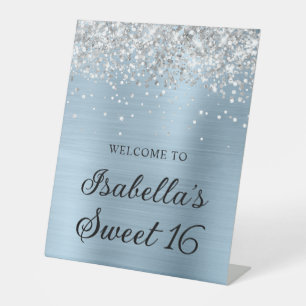 Silver Glitter Dusty Blue Foil Sweet 16 Welcome Pedestal Sign