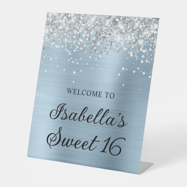 Silver Glitter Dusty Blue Foil Sweet 16 Welcome Pedestal Sign (Front)