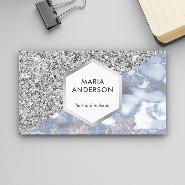 Silver Glitter Dusty Blue Marble Makeup Artist Business Card (Creator Uploaded)
