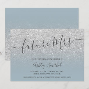 Silver glitter dusty blue Mrs bridal shower Invitation