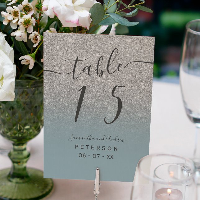Silver glitter dusty blue script wedding table number (Creator Uploaded)