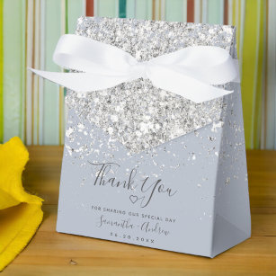 Silver glitter dusty blue thank you wedding favour box