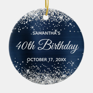 Silver Glitter Dusty Navy Blue Foil 40th Birthday Ceramic Tree Decoration