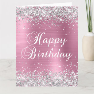 Silver Glitter Dusty Pink Big Happy Birthday Card