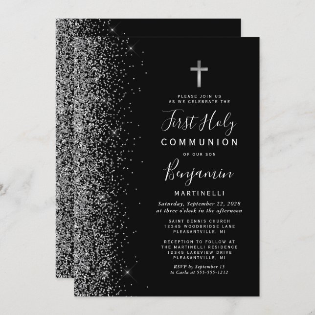 Silver Glitter Edge Black First Holy Communion Invitation (Front/Back)