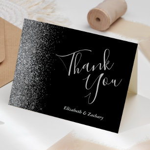 Silver Glitter Edge Black Wedding Thank You Card