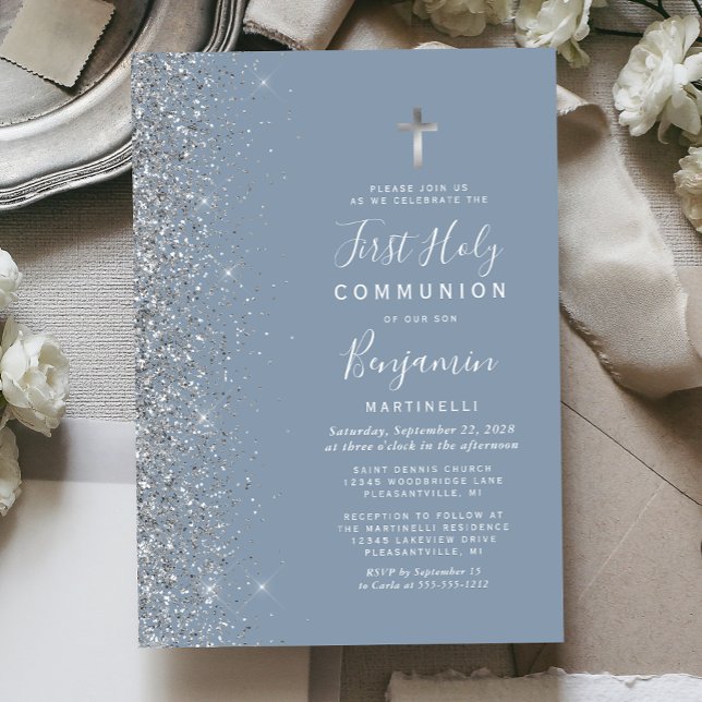 Silver Glitter Edge Dusty Blue First Communion Invitation (Creator Uploaded)