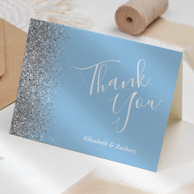 Silver Glitter Edge Pastel Blue Wedding Thank You Card (Creator Uploaded)