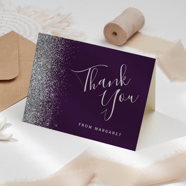 Silver Glitter Edge Purple Birthday Thank You Card (Creator Uploaded)