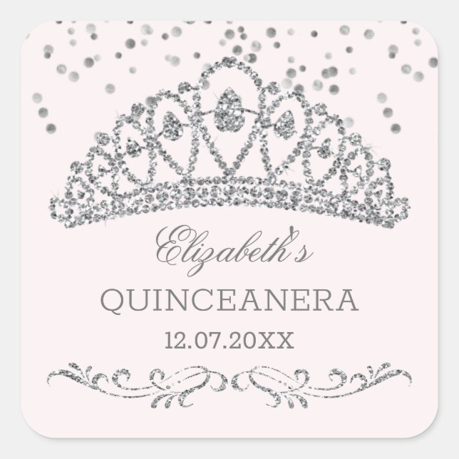 Silver glitter effect tiara, confetti Quinceanera Square Sticker (Front)