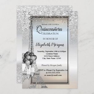 Silver Glitter Eiffel Tower,Balloons Quinceañera Invitation