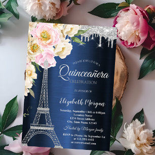 Silver Glitter Eiffel Tower,Drips Blue Quinceañera Invitation