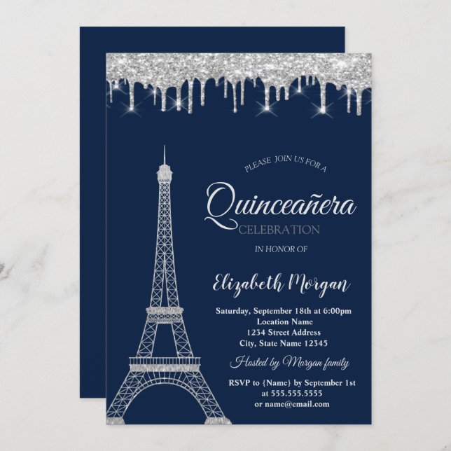 Silver Glitter Eiffel Tower,Drips Quinceañera Invitation (Front/Back)