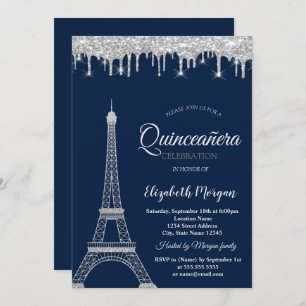 Silver Glitter Eiffel Tower,Drips Quinceañera Invitation