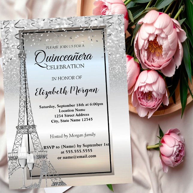 Silver Glitter Eiffel Tower,Glass,Heel Quinceañera Invitation (Creator Uploaded)