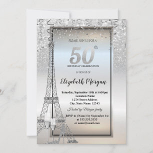 Silver Glitter Eiffel Tower,Glass,Heels 50th Invitation
