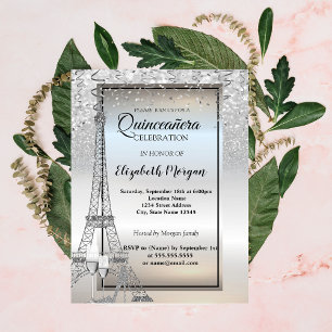 Silver Glitter Eiffel Tower,Glass Quinceañera Invitation