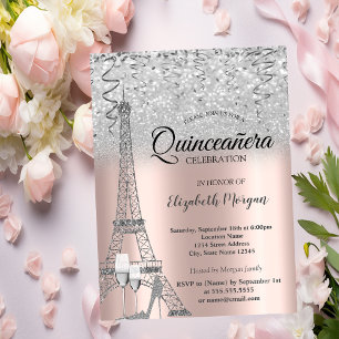 Silver Glitter Eiffel Tower,Glass Rose Gold  Invitation