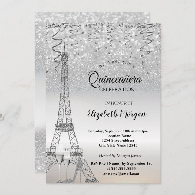 Silver Glitter Eiffel Tower,Heel,Glass Quinceañera Invitation (Front/Back)