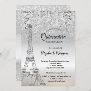 Silver Glitter Eiffel Tower,Heel,Glass Quinceañera Invitation