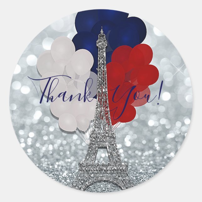 Silver Glitter Eiffel Tower Red White Blue Party Classic Round Sticker (Front)
