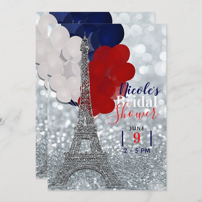 Silver Glitter Eiffel Tower Red White Blue Party Invitation (Front/Back)