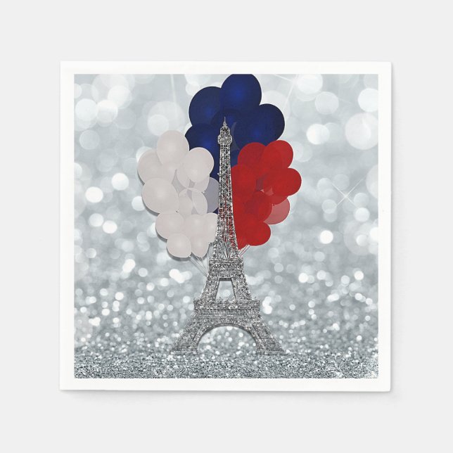 Silver Glitter Eiffel Tower Red White Blue Party Napkin (Front)