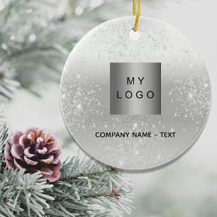 Silver glitter elegant business company logo ceramic tree decoration