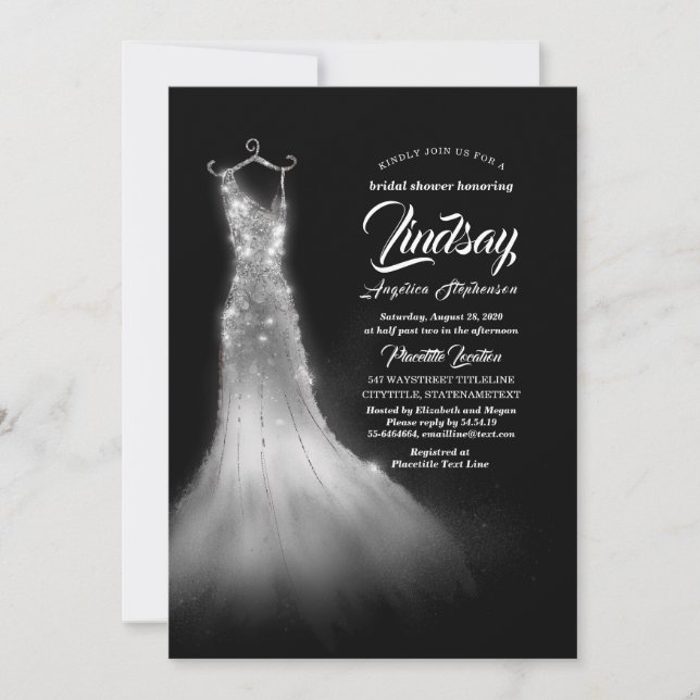 Silver Glitter Elegant Dress Black Bridal shower Invitation (Front)