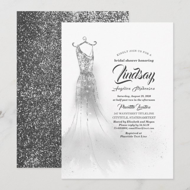 Silver Glitter Elegant Dress White Bridal shower Invitation (Front/Back)
