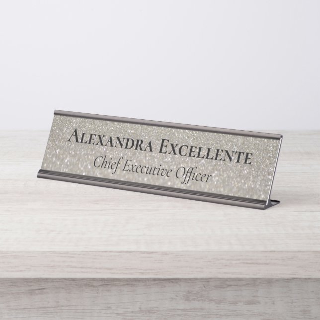 Silver Glitter Elegant Fashion Custom Desk Name Plate (Front)
