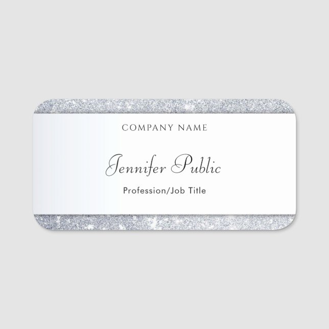Silver Glitter Elegant Handwritten Name Script Name Tag (Front)