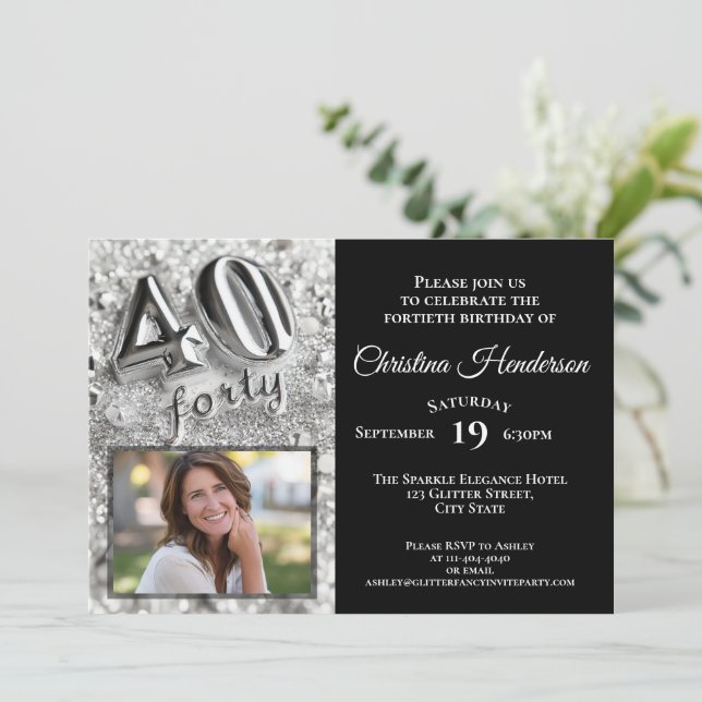 Silver Glitter Elegant Photo 40th Birthday Party Invitation (Standing Front)