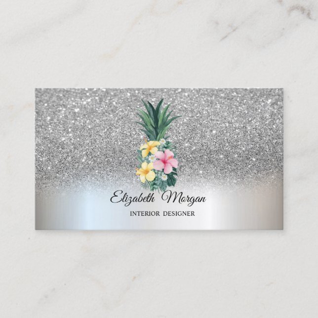 Silver Glitter Elegant Pineapple Tropical Flowers Business Card (Front)