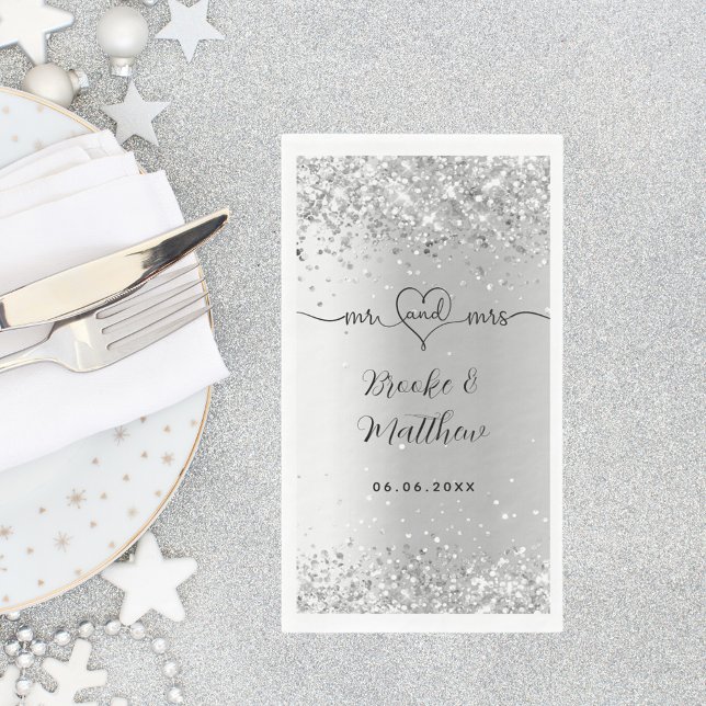 Silver glitter elegant script mr mrs heart wedding napkin (Creator Uploaded)