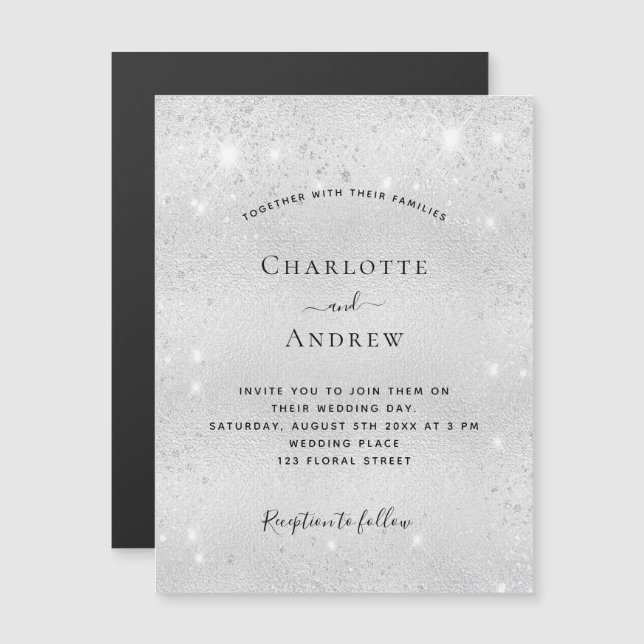 Silver glitter elegant wedding invitation magnet (Front/Back)