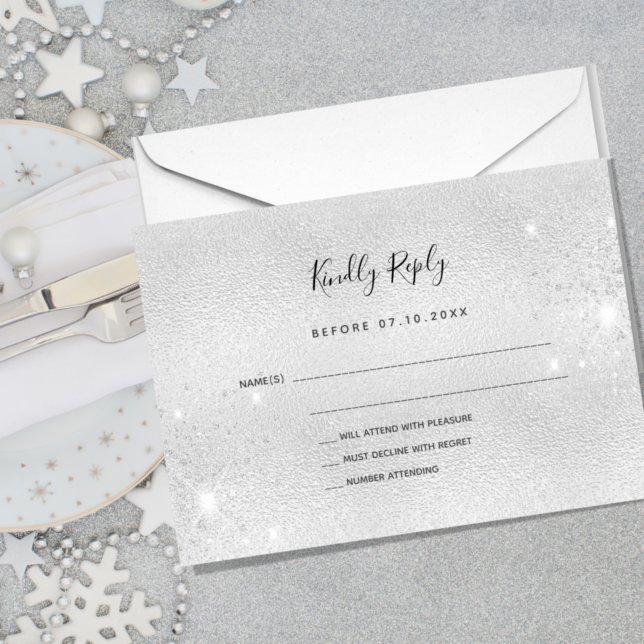 Silver glitter elegant wedding RSVP Card (Creator Uploaded)