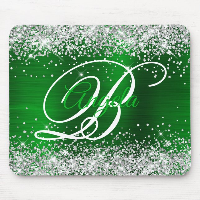 Silver Glitter Emerald Green Fancy Monogram Mouse Mat (Front)