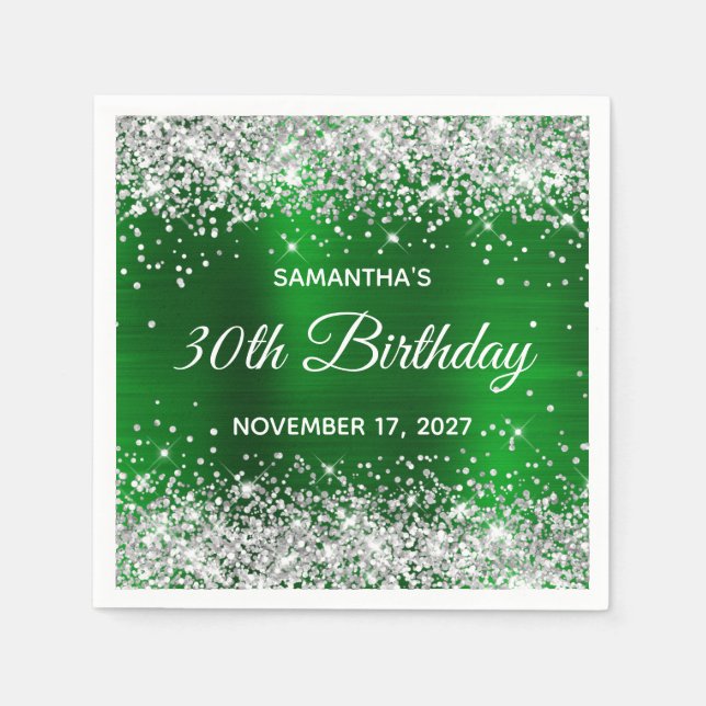 Silver Glitter Emerald Green Foil 30th Birthday Napkin (Front)