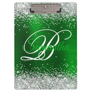 Silver Glitter Emerald Green Foil Fancy Monogram Clipboard